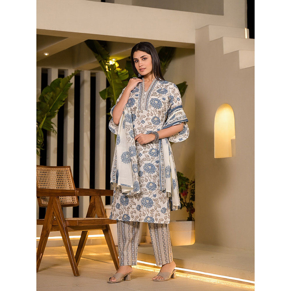 Yufta Blue & Off White Floral Print Cotton Straight Kurta with Pant & Dupatta (Set of 3)