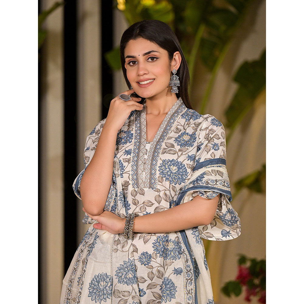 Yufta Blue & Off White Floral Print Cotton Straight Kurta with Pant & Dupatta (Set of 3)