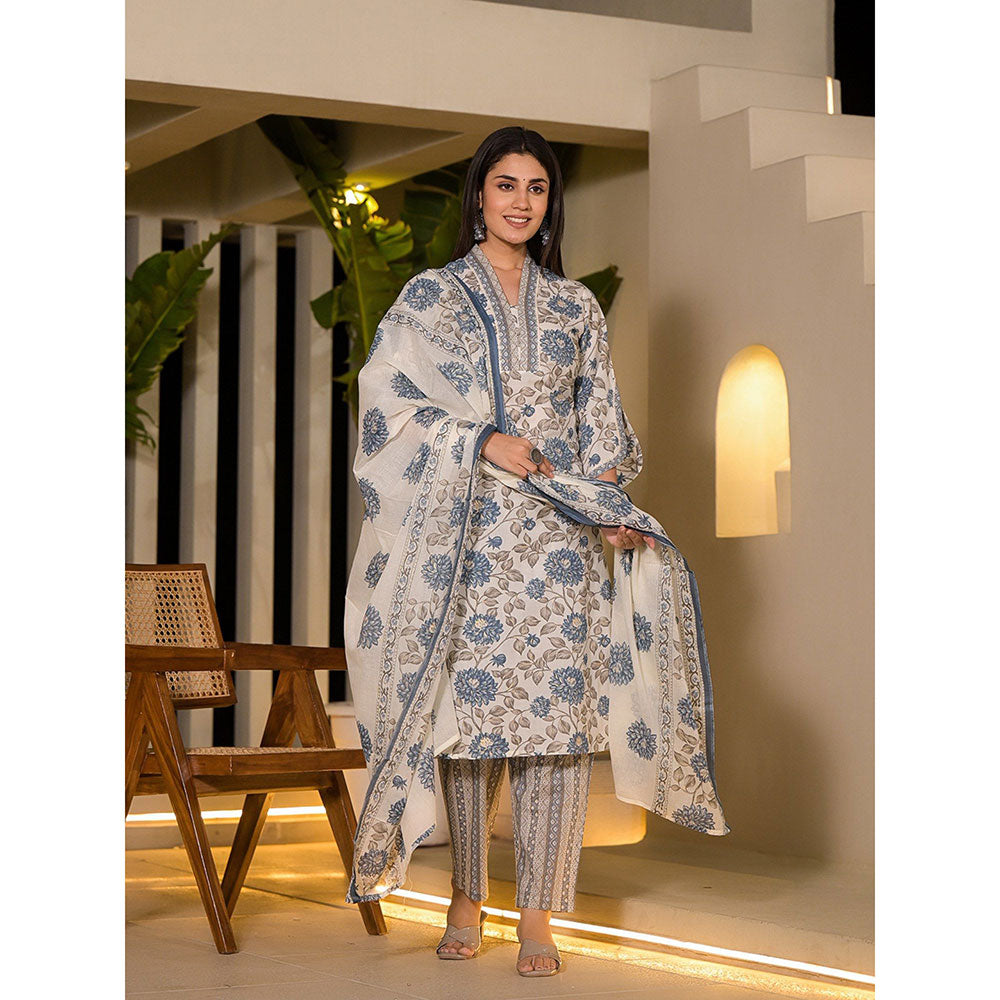 Yufta Blue & Off White Floral Print Cotton Straight Kurta with Pant & Dupatta (Set of 3)