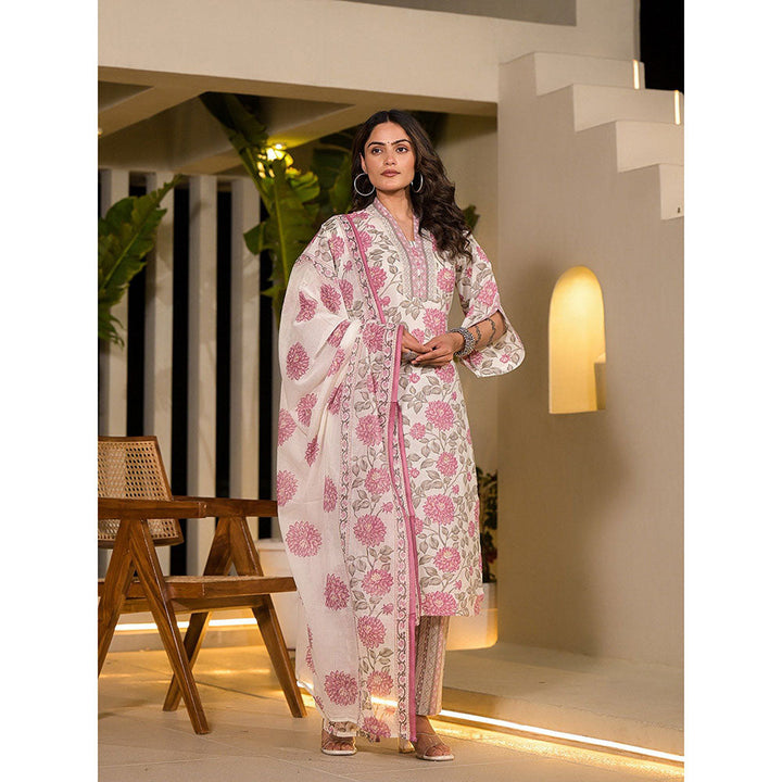 Yufta Pink & Off White Floral Print Cotton Straight Kurta with Pant & Dupatta (Set of 3)