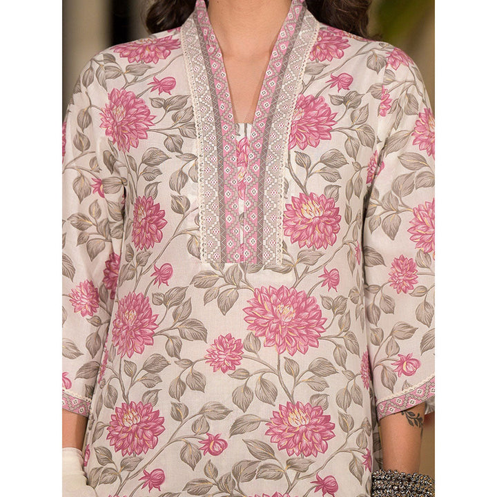 Yufta Pink & Off White Floral Print Cotton Straight Kurta with Pant & Dupatta (Set of 3)