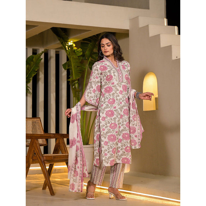 Yufta Pink & Off White Floral Print Cotton Straight Kurta with Pant & Dupatta (Set of 3)