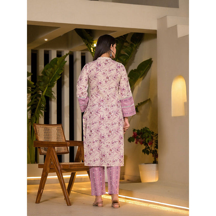 Yufta Purple Leaf Print Cotton Pakistani Kurta with Pant & Dupatta (Set of 3)