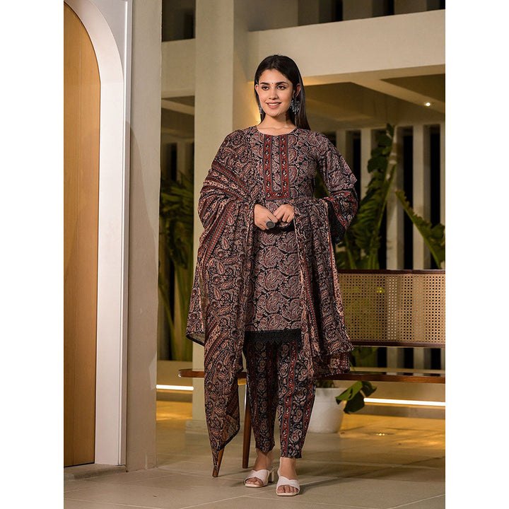 Yufta Black Pure Cotton Paisley Print Pakistani Kurta with Pant & Dupatta (Set of 3)