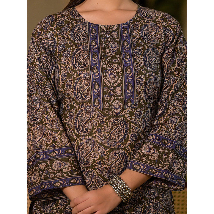 Yufta Olive Pure Cotton Paisley Print Pakistani Kurta with Pant & Dupatta (Set of 3)