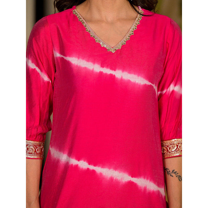 Yufta Pink Tie & Dye Chanderi Silk Kurta with Pant & Dupatta (Set of 3)