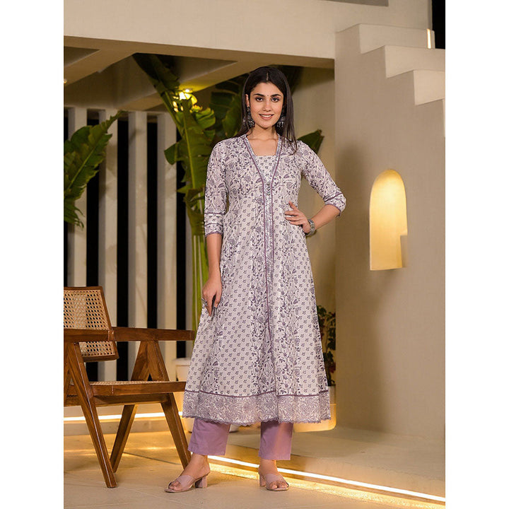 Yufta Purple Floral Print A-Line Kurta with Pant (Set of 2)