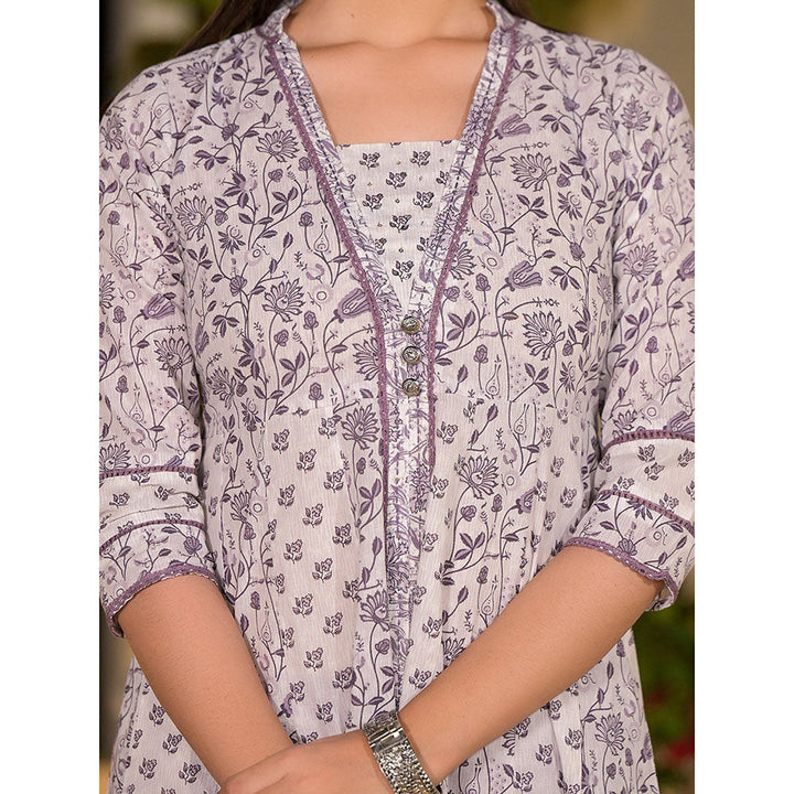 Yufta Purple Floral Print A-Line Kurta with Pant (Set of 2)