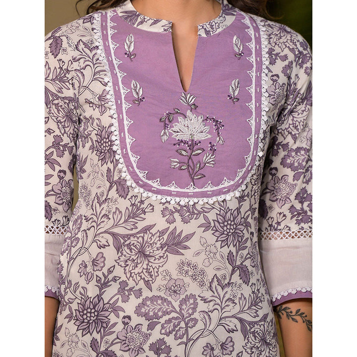 Yufta Purple Resham Embroidery Cotton Straight Kurta with Pant (Set of 2)