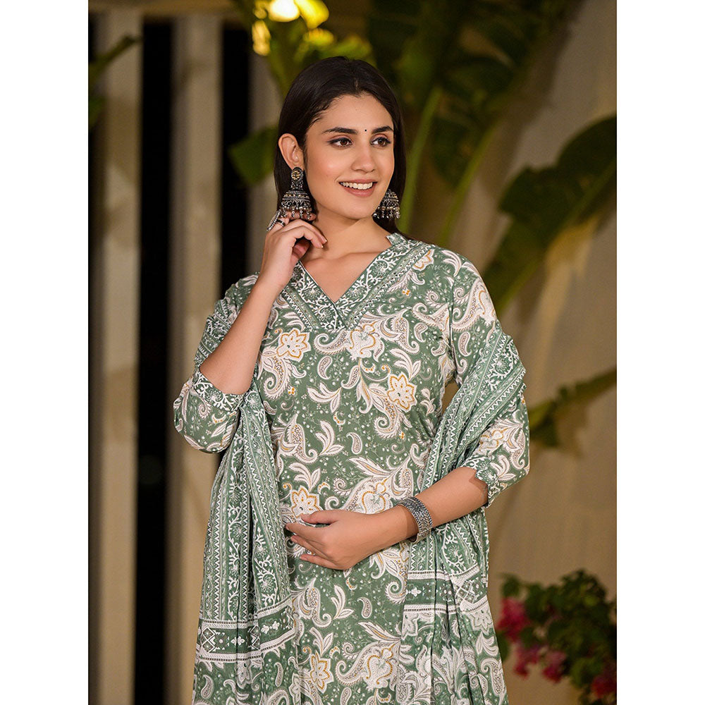 Yufta Green Cotton Straight Paisley Print Kurta with Pant & Dupatta (Set of 3)