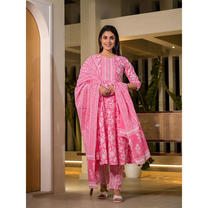 Yufta Pink Cotton Sequins Anarkali Kurta with Pant & Dupatta (Set of 3)