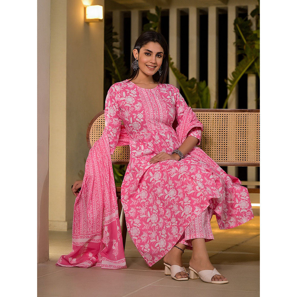 Yufta Pink Cotton Sequins Anarkali Kurta with Pant & Dupatta (Set of 3)