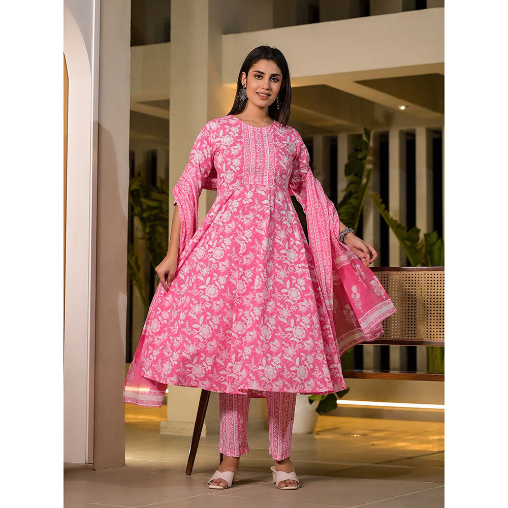 Yufta Pink Cotton Sequins Anarkali Kurta with Pant & Dupatta (Set of 3)