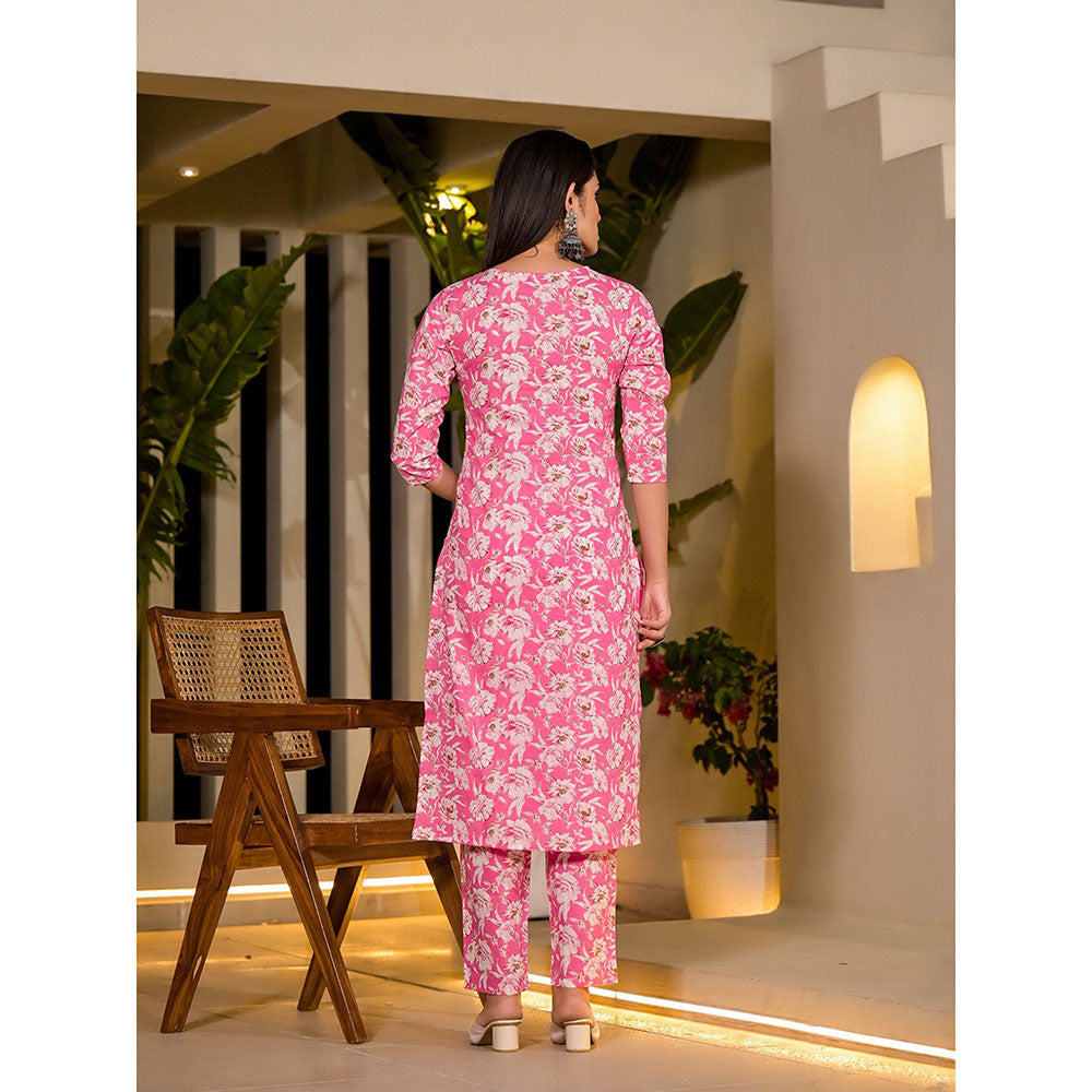 Yufta Pink Floral Print Cotton Straight Kurta with Pant & Dupatta (Set of 3)