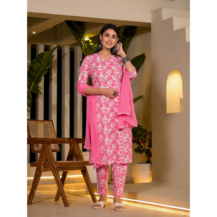 Yufta Pink Floral Print Cotton Straight Kurta with Pant & Dupatta (Set of 3)