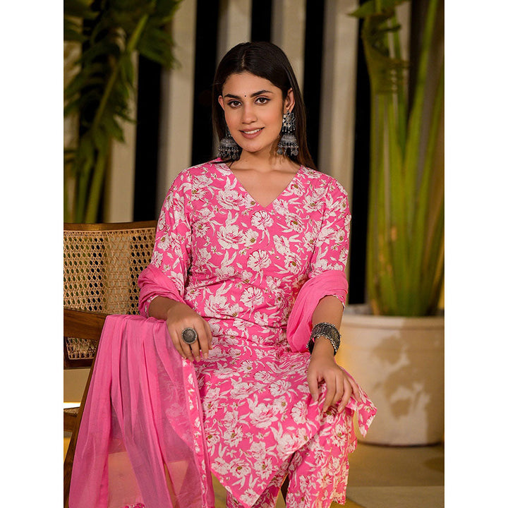 Yufta Pink Floral Print Cotton Straight Kurta with Pant & Dupatta (Set of 3)