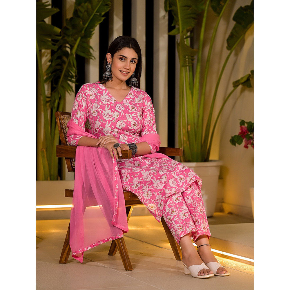 Yufta Pink Floral Print Cotton Straight Kurta with Pant & Dupatta (Set of 3)