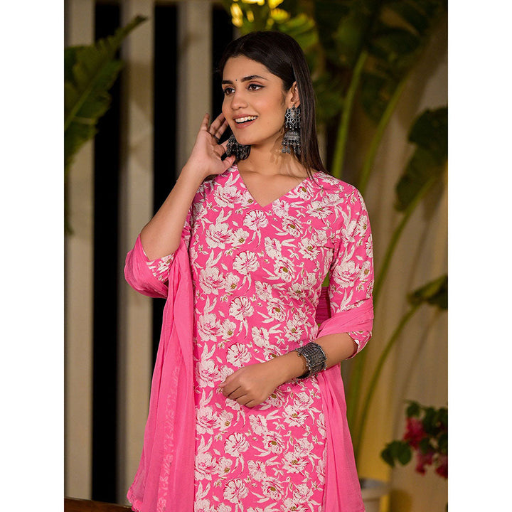 Yufta Pink Floral Print Cotton Straight Kurta with Pant & Dupatta (Set of 3)