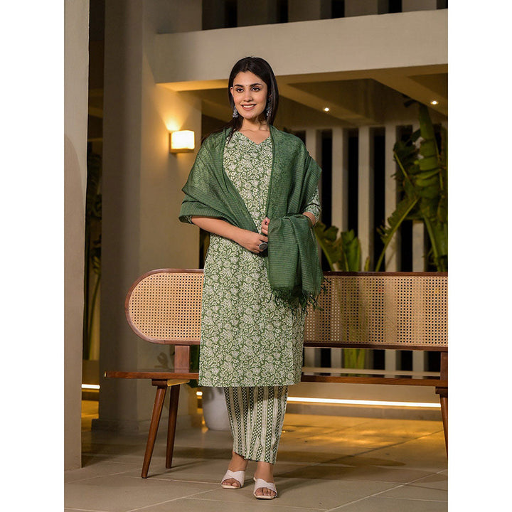 Yufta Green Pure Cotton Floral Print Straight Kurta with Pant & Dupatta (Set of 3)