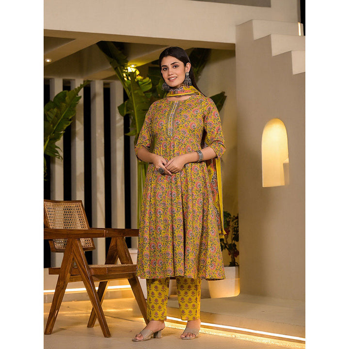 Yufta Yellow Thread Work Cotton Anarkali Kurta with Pant & Dupatta (Set of 3)