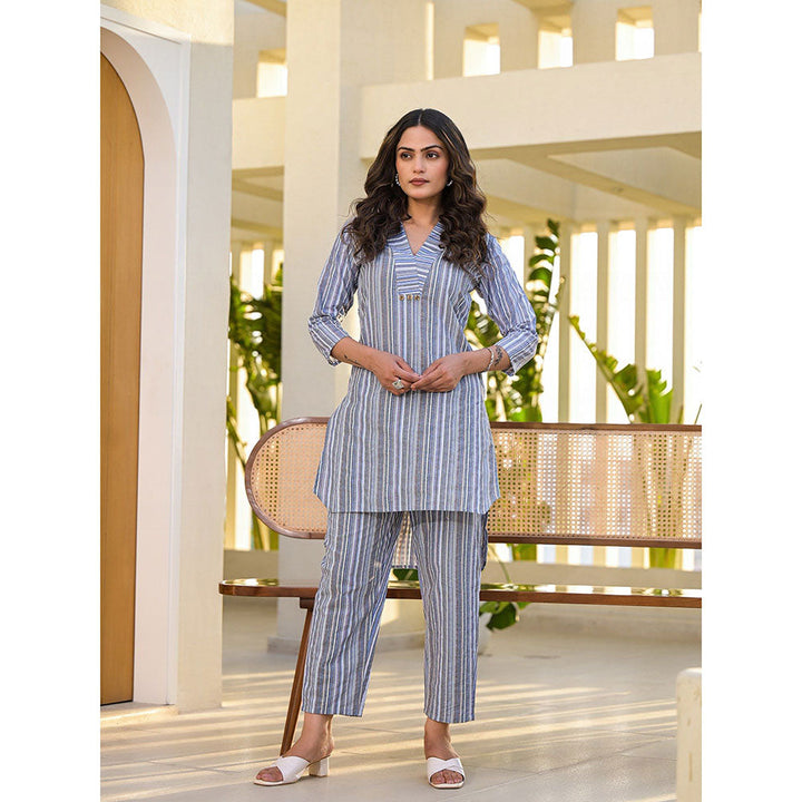 Yufta Blue Cotton Striped Print Co-Ord (Set of 2)