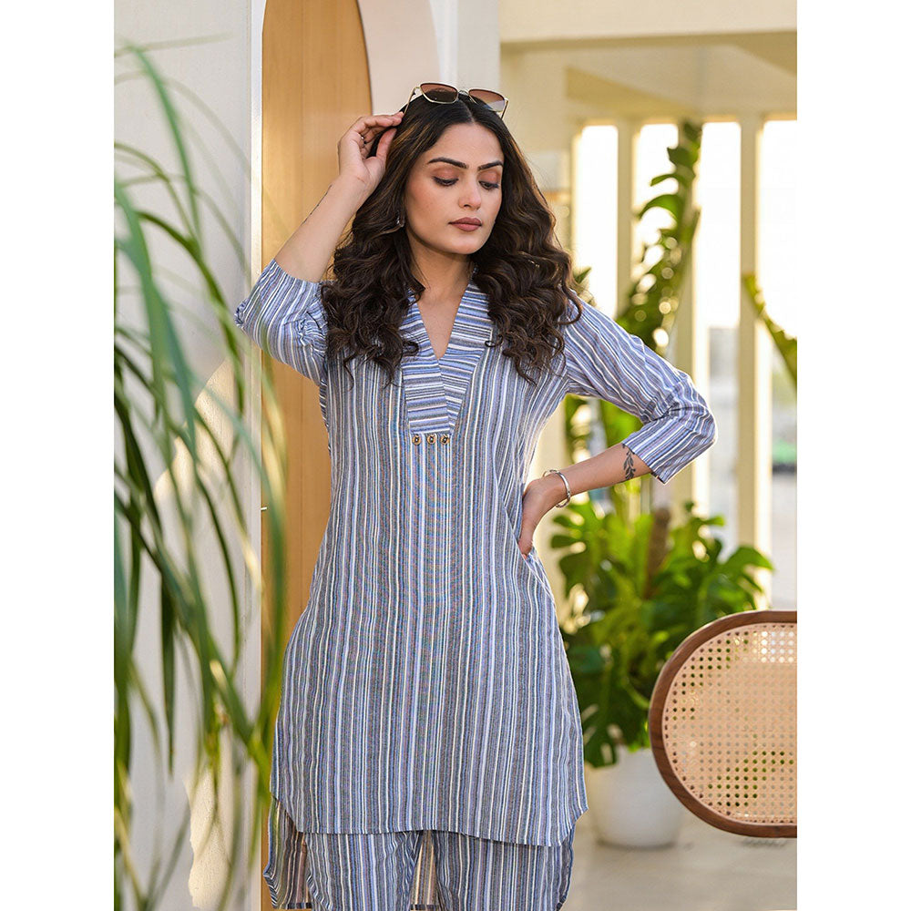 Yufta Blue Cotton Striped Print Co-Ord (Set of 2)