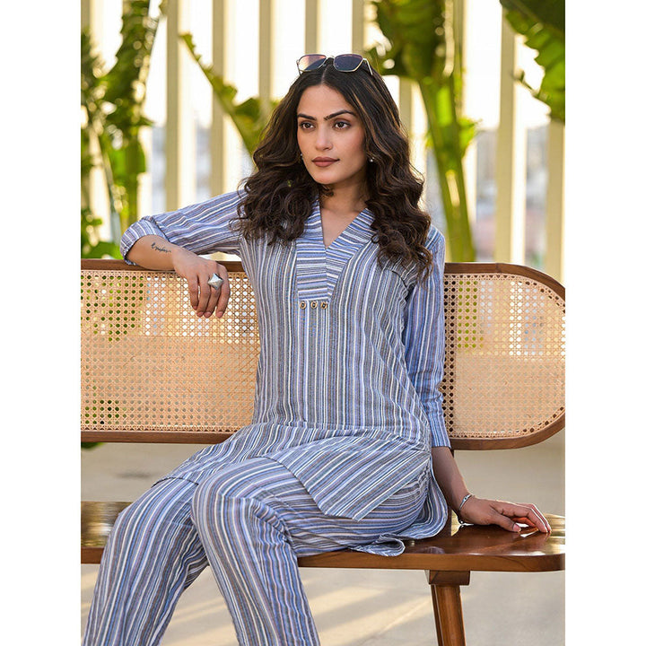 Yufta Blue Cotton Striped Print Co-Ord (Set of 2)