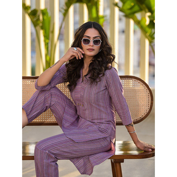 Yufta Purple Cotton Striped Print Co-Ord (Set of 2)