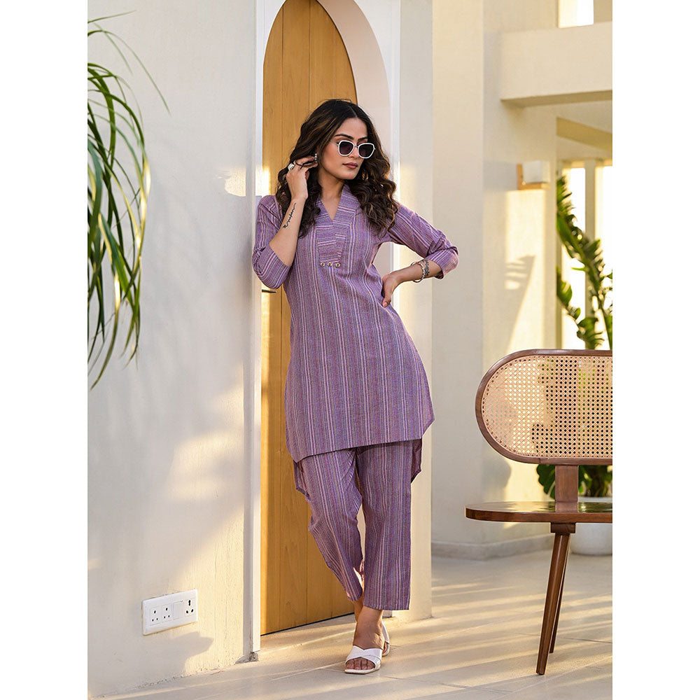 Yufta Purple Cotton Striped Print Co-Ord (Set of 2)