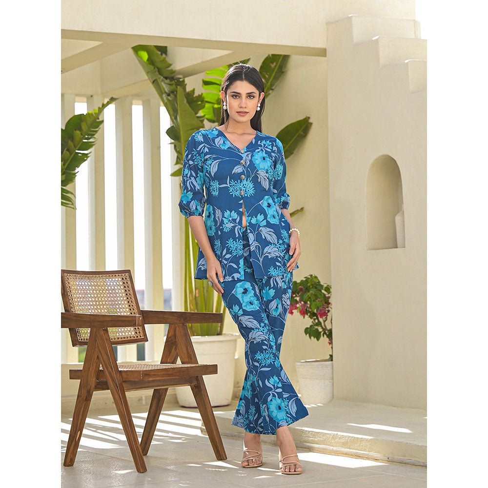 Yufta Blue Cotton Ethnic Floral Print Co-Ord (Set of 2)