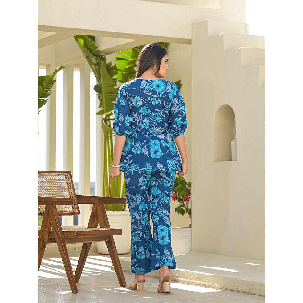 Yufta Blue Cotton Ethnic Floral Print Co-Ord (Set of 2)