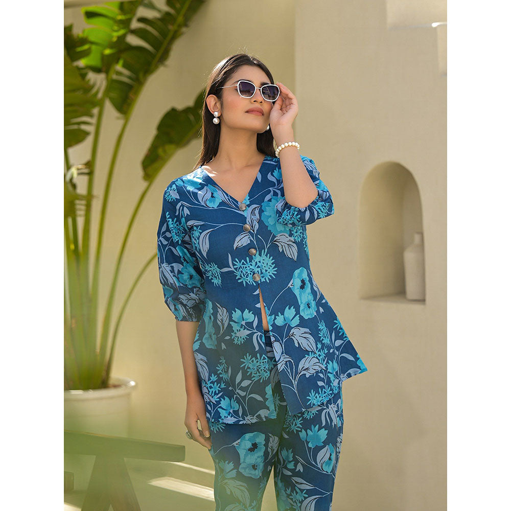 Yufta Blue Cotton Ethnic Floral Print Co-Ord (Set of 2)