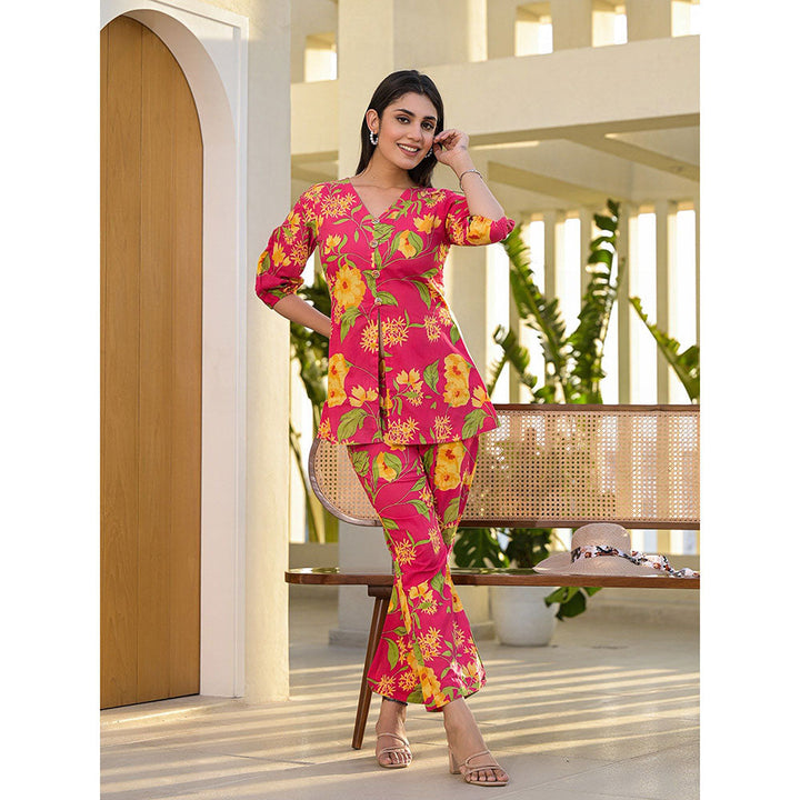 Yufta Pink Cotton Ethnic Floral Print Co-Ord (Set of 2)