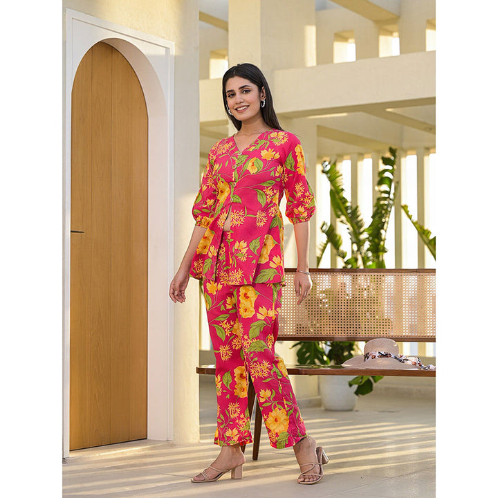 Yufta Pink Cotton Ethnic Floral Print Co-Ord (Set of 2)