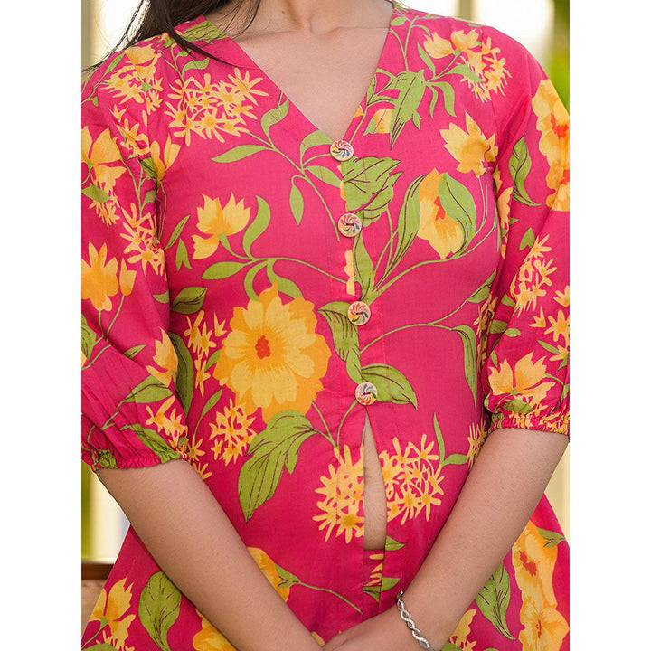 Yufta Pink Cotton Ethnic Floral Print Co-Ord (Set of 2)