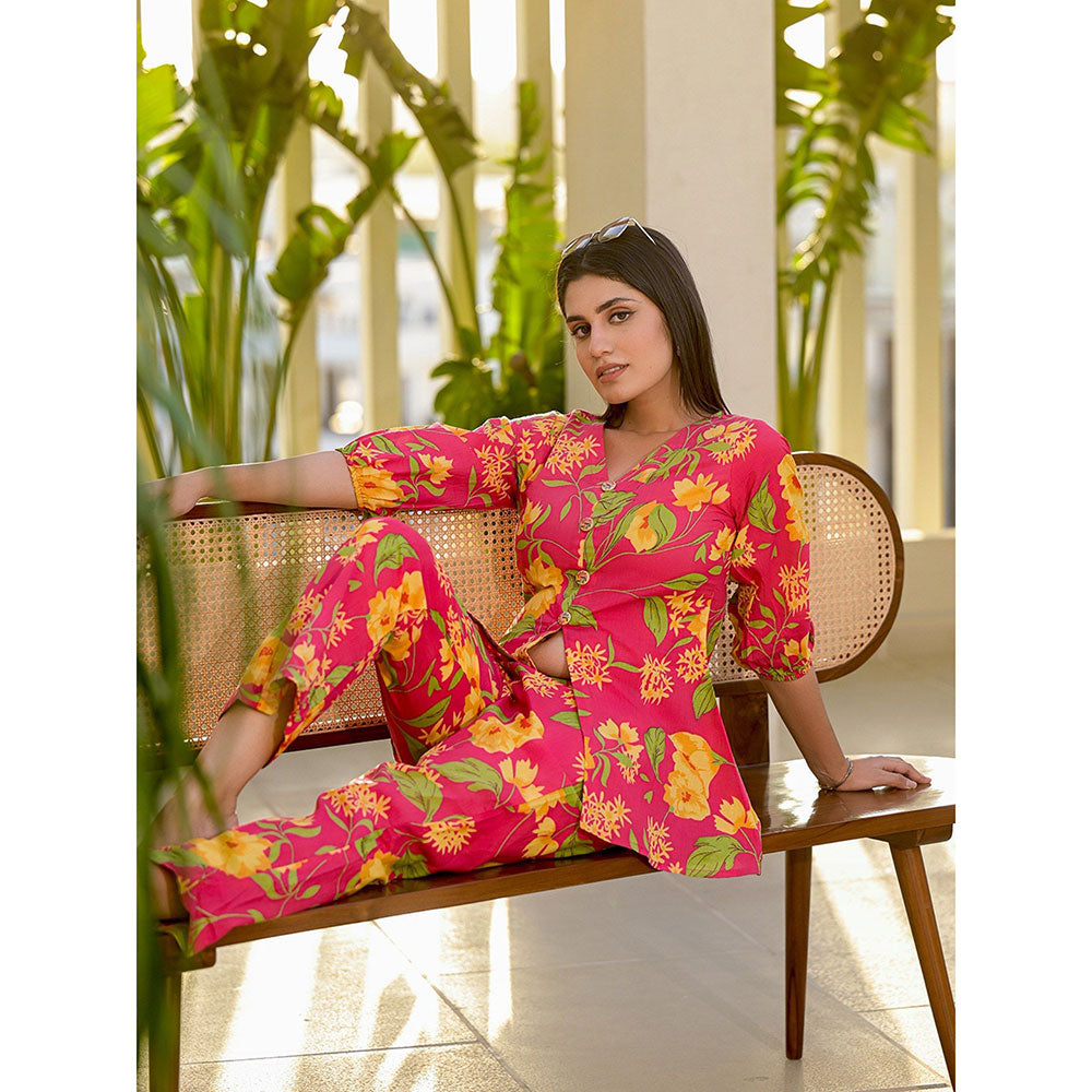 Yufta Pink Cotton Ethnic Floral Print Co-Ord (Set of 2)