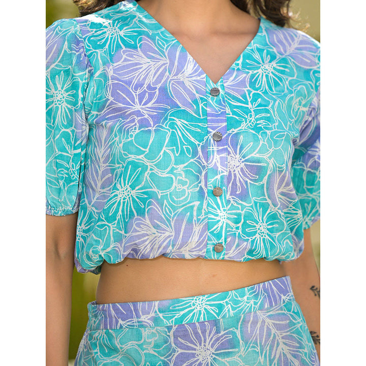 Yufta Blue & Purple Cotton Floral Print Co-Ord (Set of 2)