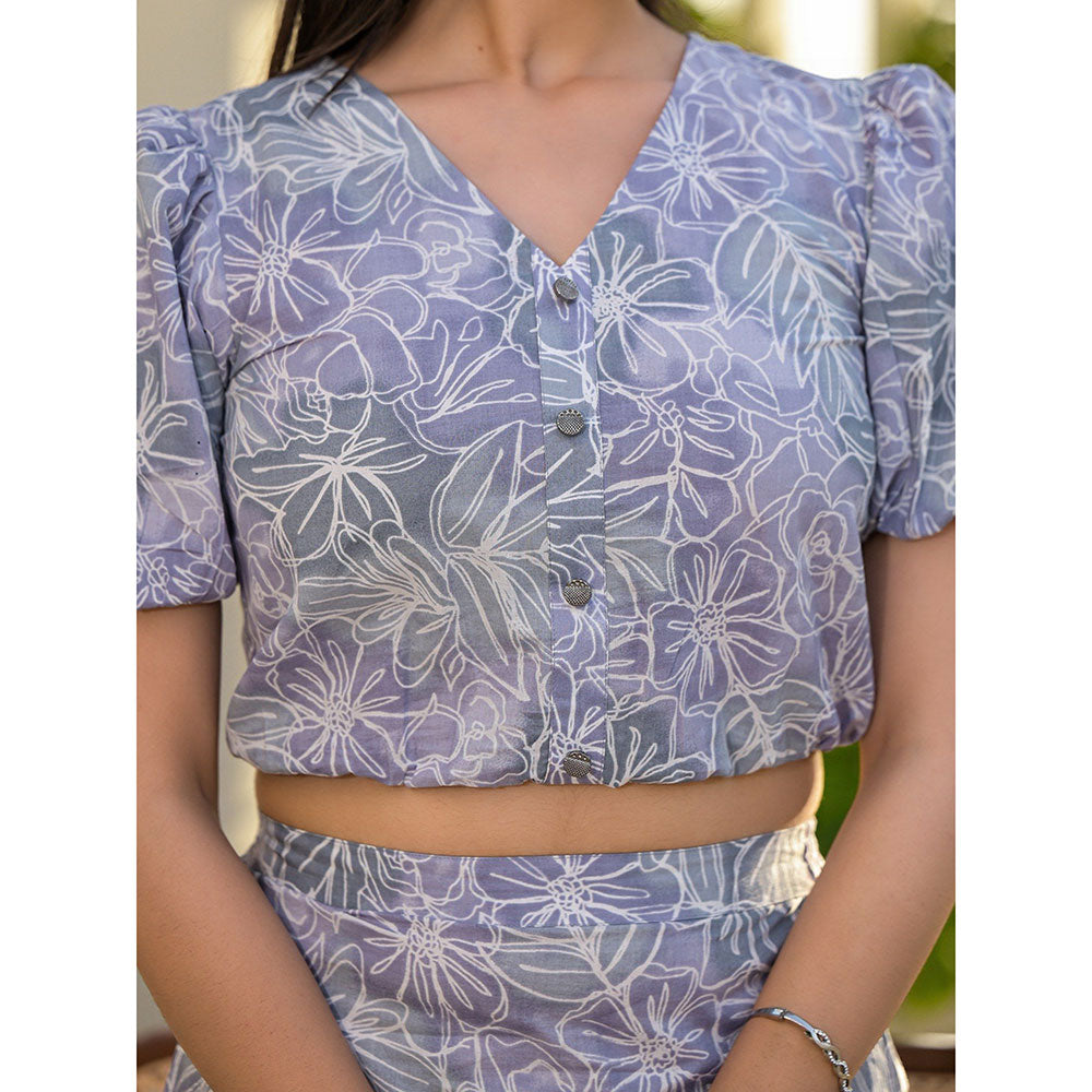 Yufta Grey & Blue Cotton Floral Print Co-Ord (Set of 2)