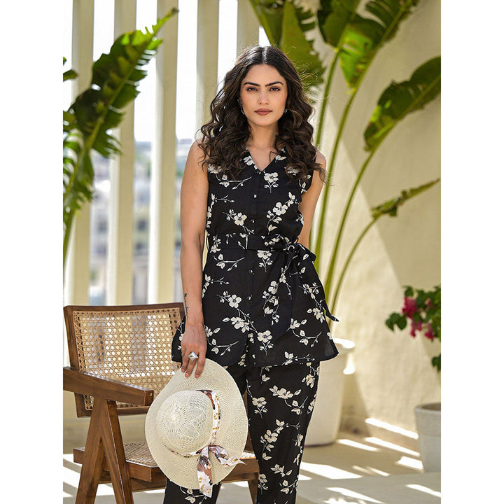 Yufta Black Cotton Floral Print Co-Ord (Set of 3)