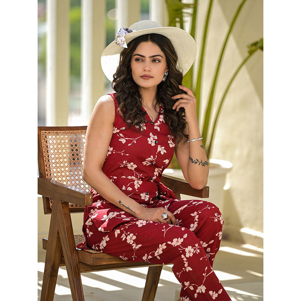 Yufta Red Cotton Floral Print Co-Ord (Set of 3)