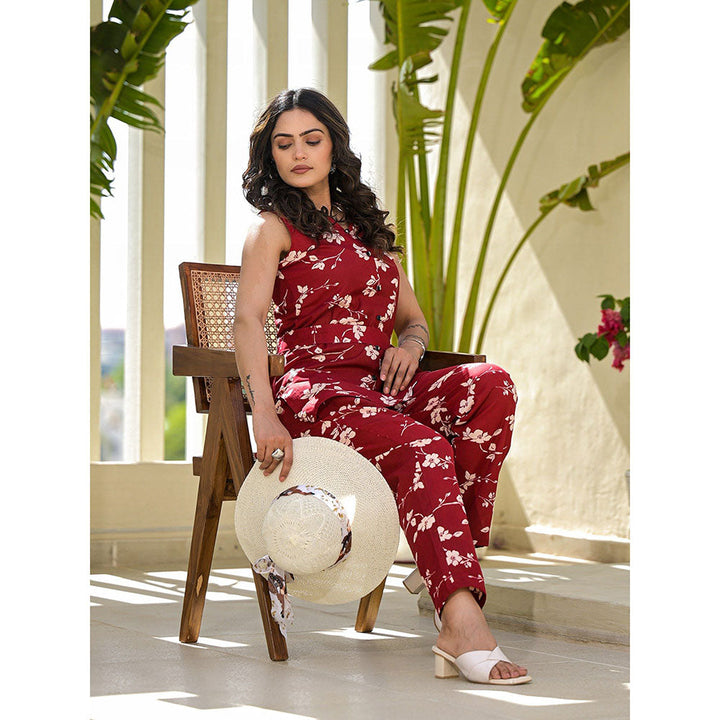 Yufta Red Cotton Floral Print Co-Ord (Set of 3)