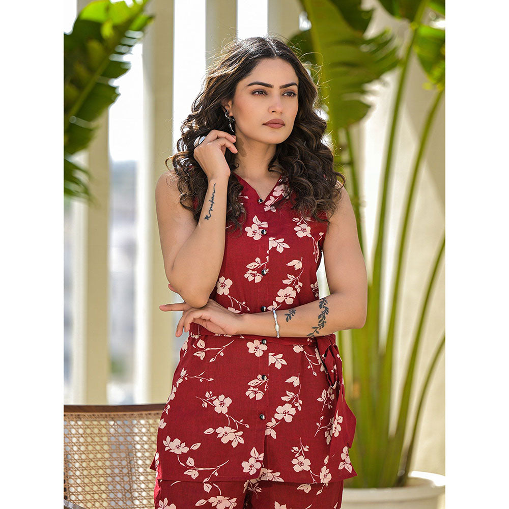 Yufta Red Cotton Floral Print Co-Ord (Set of 3)