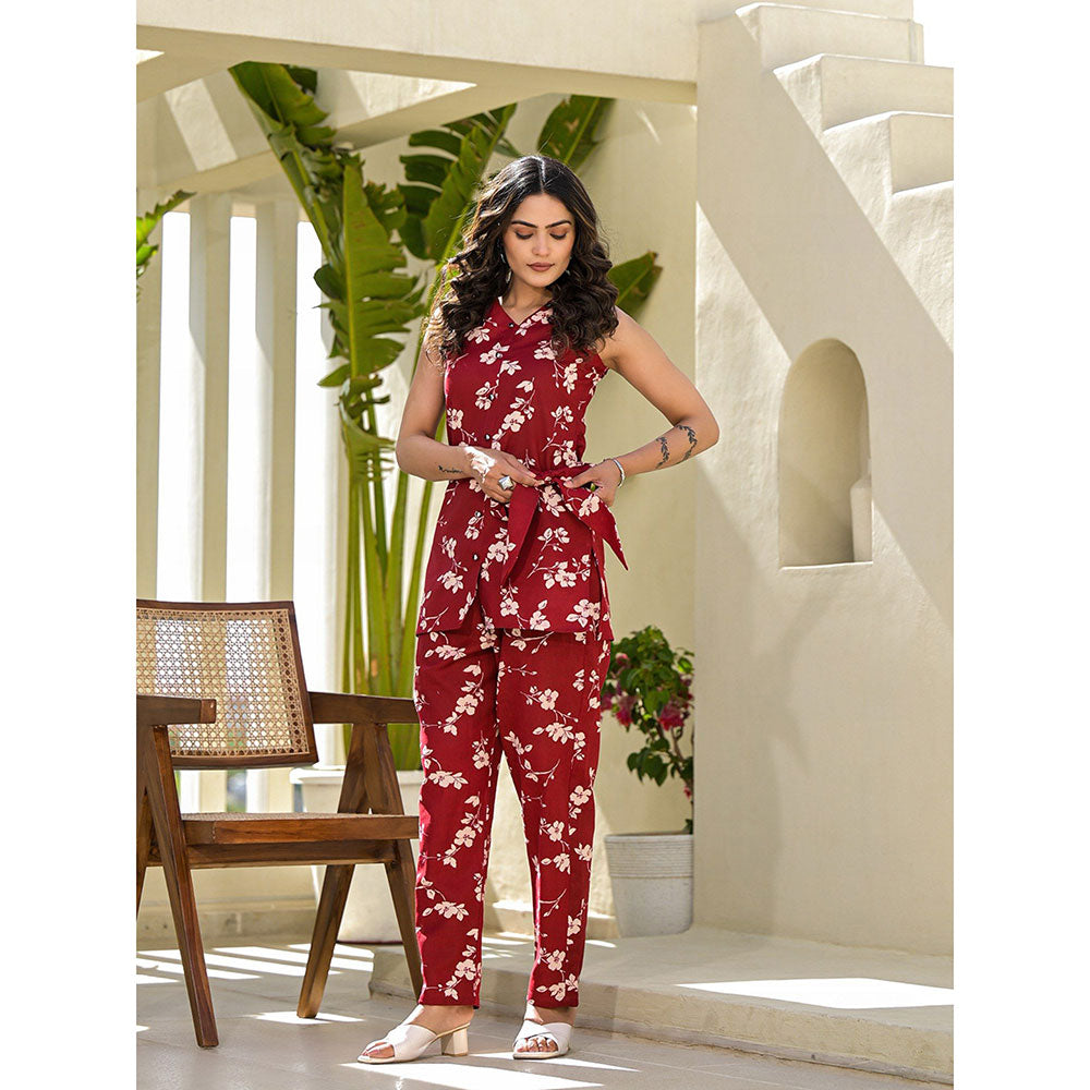 Yufta Red Cotton Floral Print Co-Ord (Set of 3)