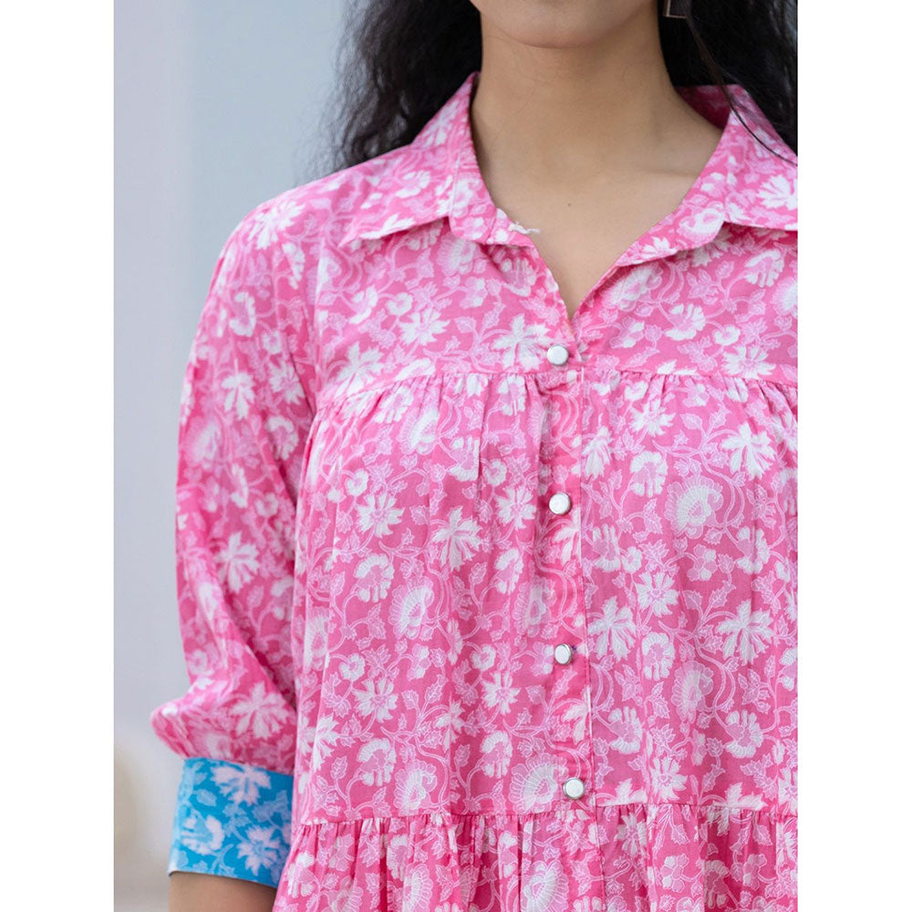 Yufta Pink Pure Cotton Floral & Gathers Dress