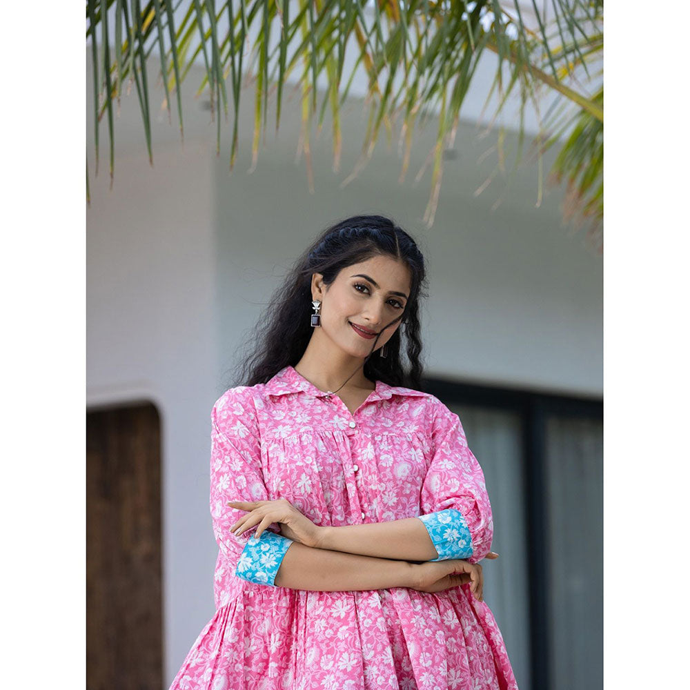 Yufta Pink Pure Cotton Floral & Gathers Dress