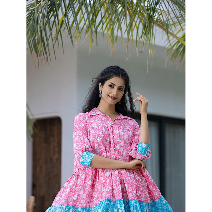 Yufta Pink Pure Cotton Floral & Gathers Dress