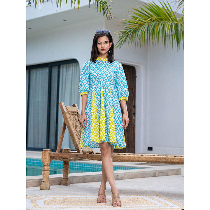 Yufta Sky Blue Pure Cotton Floral Dress