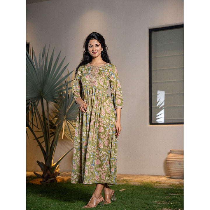 Yufta Green Pure Cotton Sequins Work, Embroidery & Gathers Dress