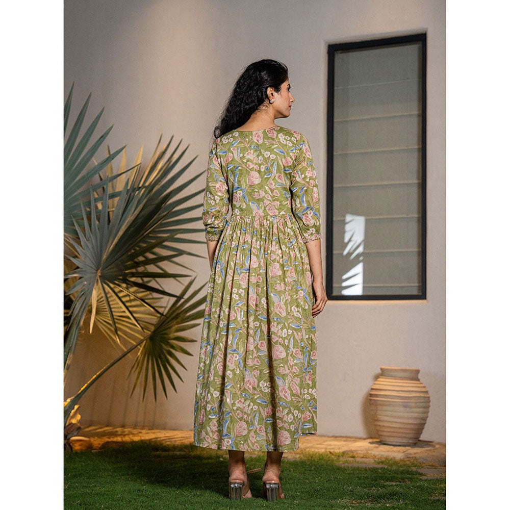 Yufta Green Pure Cotton Sequins Work, Embroidery & Gathers Dress