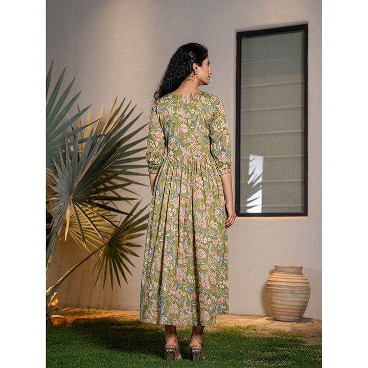 Yufta Green Pure Cotton Sequins Work, Embroidery & Gathers Dress